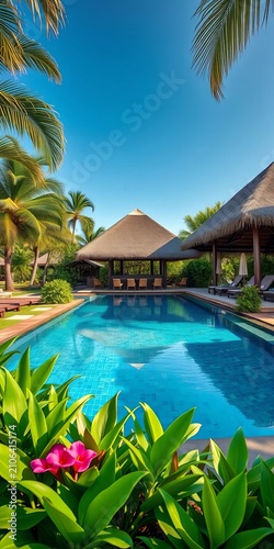 Luxurious resort pool surrounded by lush greenery and thatched roof bar, ||lush, roof