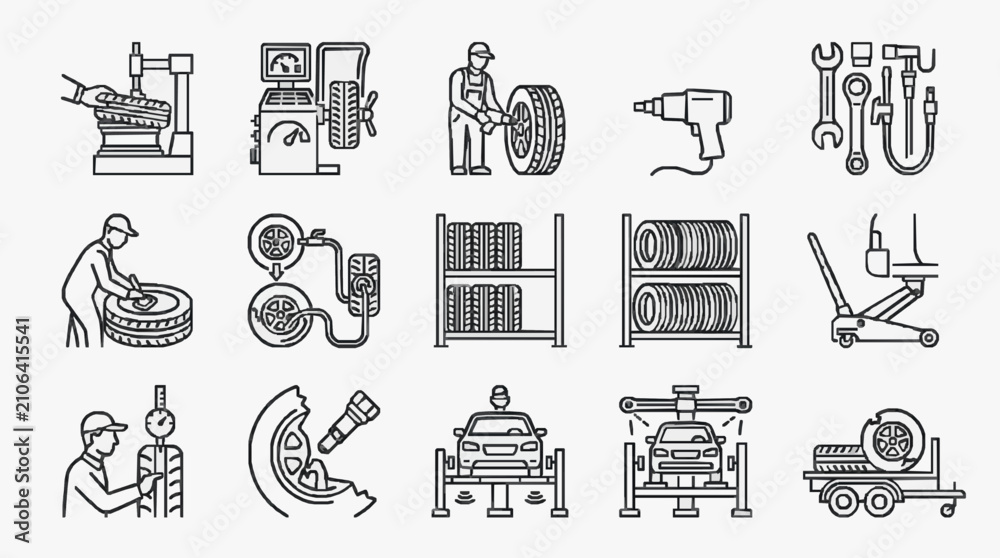 Fototapeta premium Professional Black and White Line Drawing Icons Set Featuring Auto Repair Tools Equipment and Maintenance Scenes