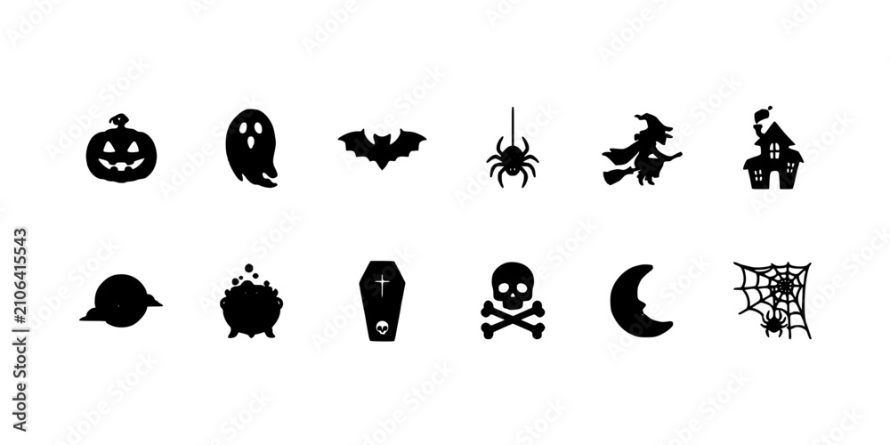 Obraz premium Halloween Icons Featuring a Jack-O'-Lantern, Ghost, Bat, Spider, Witch, Haunted House, Black Cat, Candy, Tombstone, Skull, Crescen