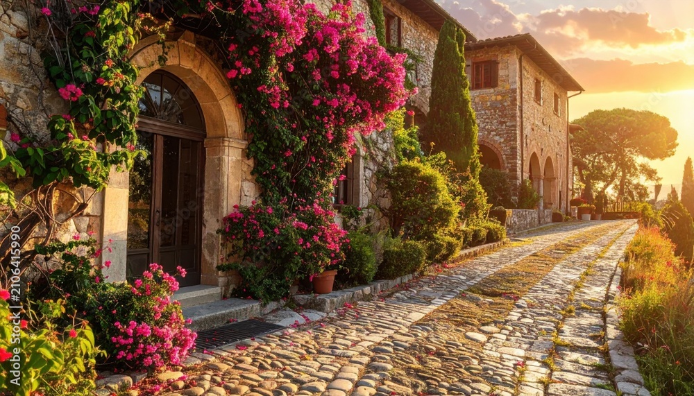 Fototapeta premium Sun-drenched cobblestone pathway leading to an ivy-covered stone building adorned with vibrant pink bougainvillea flowers
