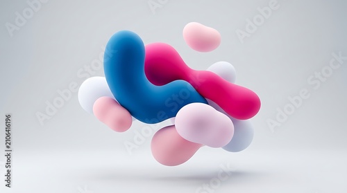 Abstract 3d composition with smooth organic shapes in blue and pink colors floating on a soft neutral background