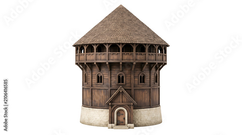 Medieval wooden tower keep model isolated on transparent background with rustic architecture