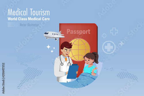 Medical tourism. Tourist patient consult with doctor at hospital, passport and airplane in background. Tourist flying overseas for medical treatment and world class service. 