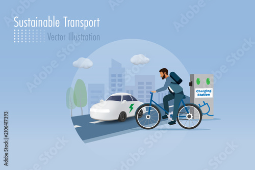 Man riding bicycle on street with EV car and EV charging station. Sustainable energy for transportation. Responsible for renewable environment and ecology.