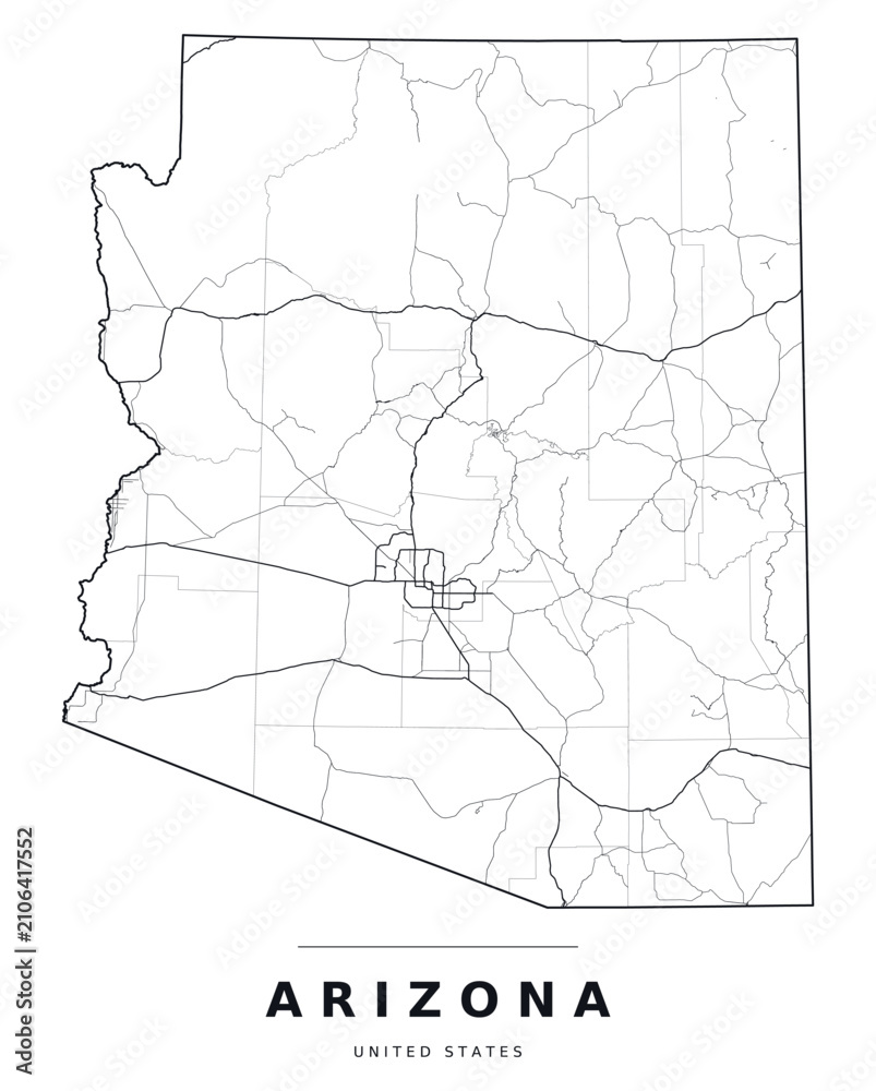 Fototapeta premium Arizona AZ map showing counties, interstate highways and major roads. Editable black line vector on a white background for classroom use, wall art and travel guides.