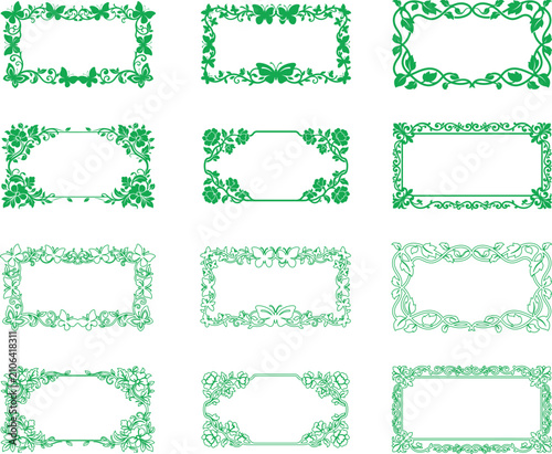 Collection of nine green floral frame vector illustrations with decorative leaf and vine details