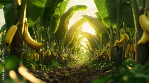 Banana plantation with ripening fruit. Tropical farm landscape with lush green banana trees.