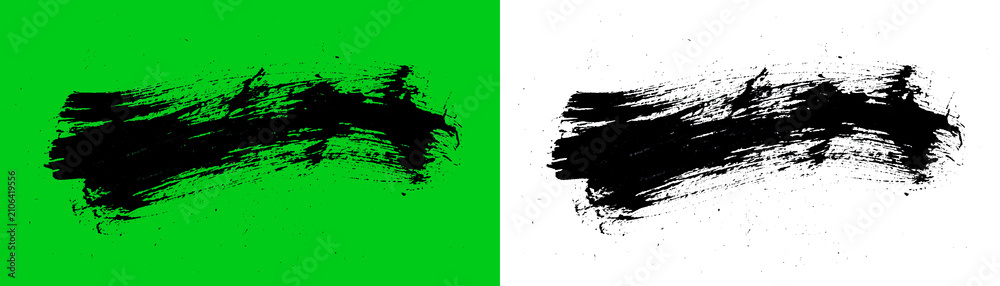 Obraz premium Brushstroke texture displays a bold horizontal black paint mark against contrasting green and white backgrounds for design versatility.