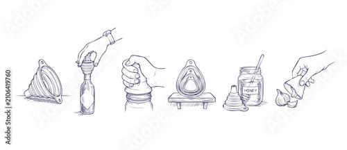 Photos Kitchen silicone funnel tool illustration set of hand drawn collapsible kitchen utensils showing jar opening, honey pouring, garlic peeling