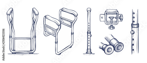 Toilet safety rail frame grab bar handrail set with adjustable height legs, metal clamps, and rubber feet. Hand drawn sketch illustration of bathroom safety equipment for senior citizens and disabled.