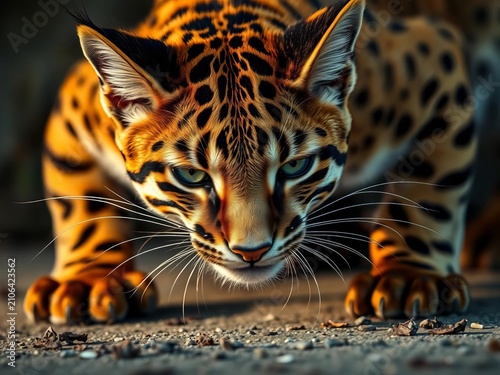Whiskers twitching, feline warrior crouches low, ready to pounce on unsuspecting foe, feline, alert