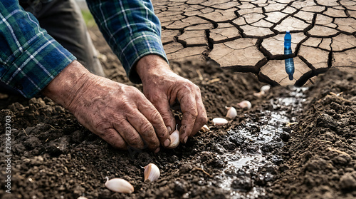 Elderly hands planting garlic cloves into rich dark soil garden with wrinkled hands placing cloves prepared agriculture cultivation sustainable
