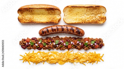 grilled sausage toasted bun bread roll split bun minced meat ground beef beans tomato sauce red onion cilantro herbs shredded dairy grated yellow topping separated ingredients