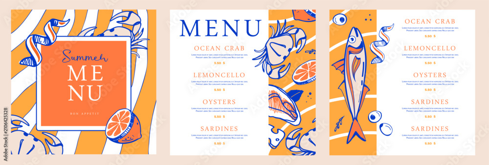 Naklejka premium Mediterranean summer restaurant menu design with lemons, crab and fish. Hand drawing design. Vector illustration