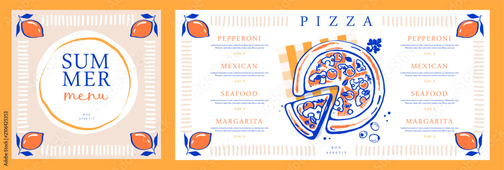 Fototapeta premium Mediterranean restaurant pizza menu design with hand drawing lemons and frame. Hand drawing design. Vector illustration