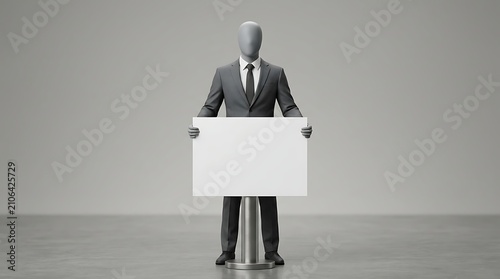3d render of a faceless mannequin in a formal business suit holding a blank white sign board, standing on a metal pedestal in a minimalist studio setting