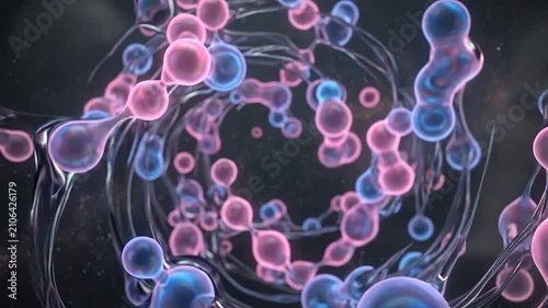 Abstract microscopic view of glowing pink and blue liquid spheres