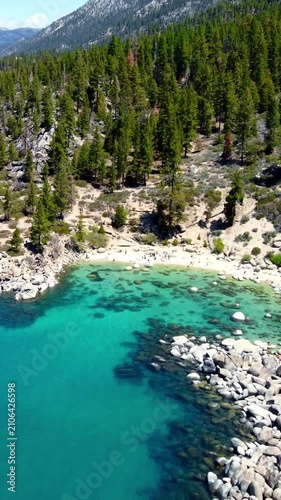 Aerial view Lake Tahoe, a large lake in the state of California, has a rocky coast
