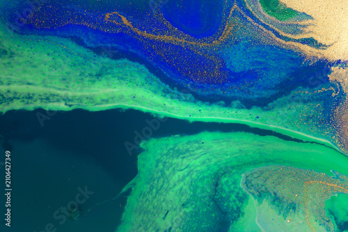 Abstract Original Hand Drawn Blue Wave and Gold Glitter Liquid Inks Illustration. Agate Artwork Imitation.