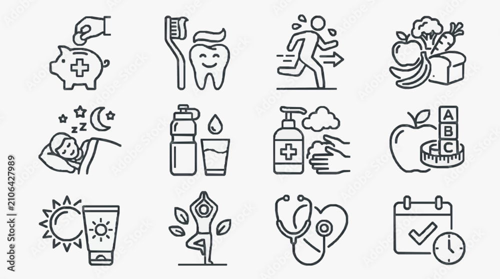 Fototapeta premium Professional Black and White Line Icons Set Featuring Health Wellness and Lifestyle Concepts for Digital Use