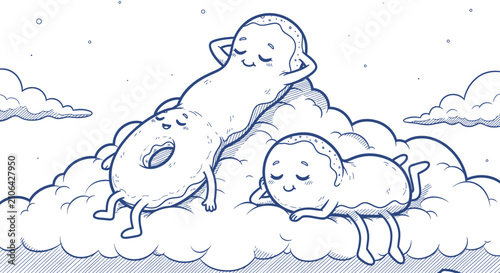 Donut Coloring Page with Cute Cartoon Characters Relaxing on Clouds
