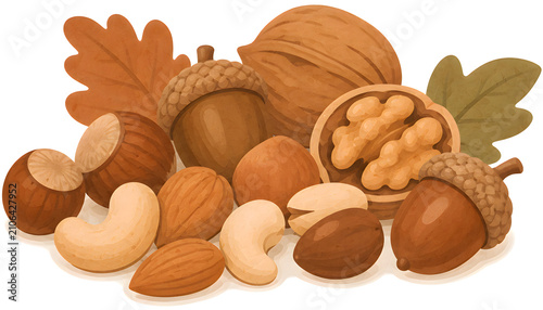 Mixed Nuts and Acorns with Autumn Leaves on Transparent Background