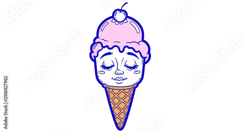Retro Cartoon Ice Cream Cone Character with Cute Face and Cherry