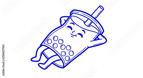 Kawaii Bubble Tea Character Relaxing in Blue Line Art