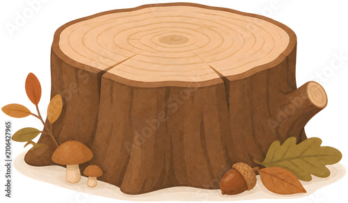 Autumn Tree Stump with Mushrooms and Acorn on Transparent Background