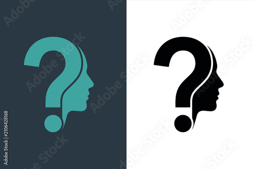 Фотография A creative vector silhouette of a human head profile seamlessly integrated with a question mark symbol, representing thought, curiosity, and mental concepts