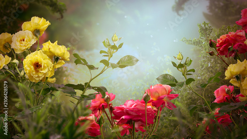 Fantasy garden with magical blooming rose flowers in fairy tale forest, fairytale glade wallpaper background, amazing magic foggy wood, tranquil misty landscape scene with greenery and copy space.