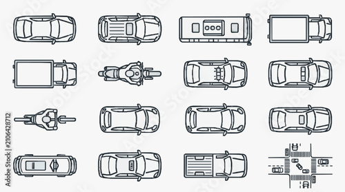 Professional Black and White Line Drawing Top Down Views of Various Vehicles and Parking Layout