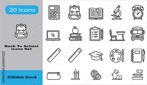 Back To School Icons Set Vector Outline Editable Stroke Education Graphics