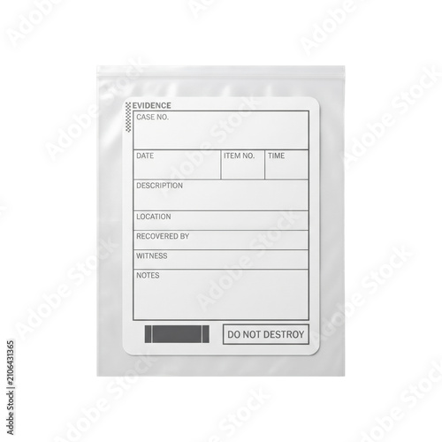Foto Plastic evidence bag with blank label on transparent background
