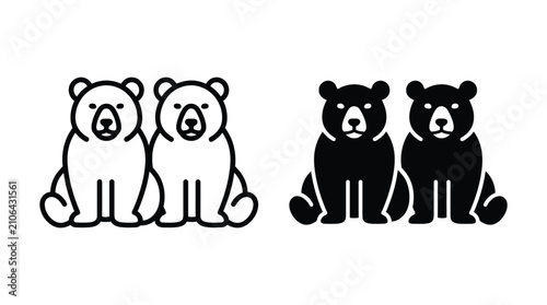 Set of two sitting polar bear icons in outline and solid silhouette styles isolated on white background with wildlife creature minimalist silhouette collection isolated