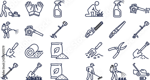 Lawn care professional gardening service and backyard landscaping line icons set isolated on white background