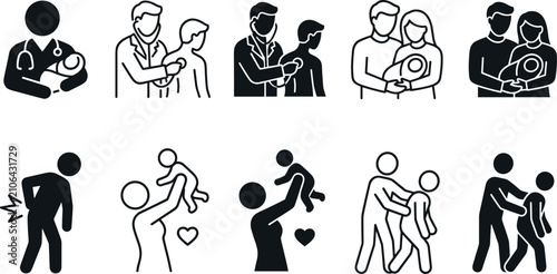 Medical healthcare doctor checkup family and child care line and solid icons set isolated on white background