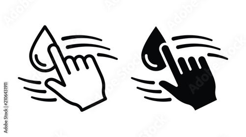 Icon set of a finger touching a water drop with motion lines in outline and solid black style for liquid sensor or moisture detection concepts moisture silhouette