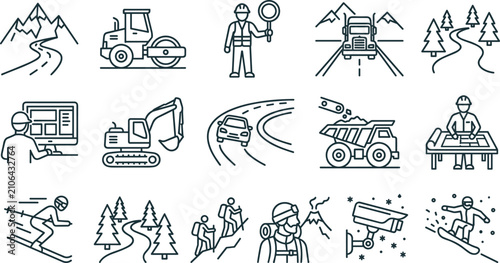 Road construction heavy machinery civil engineering and winter mountain outdoor sports line icons set isolated on white background