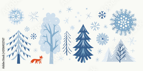 Photography Winter trees and snowflakes a blue toned vector illustration