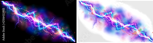 Lightning bolt discharge strikes in a sharp zig-zag pattern with glowing plasma energy rendered against both dark and light backdrop options.