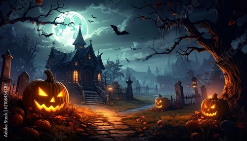 Spooky Halloween Night Scene with Jack O Lantern Pumpkin Haunted House Full Moon Bats and Dark Forest Silhouette Autumn Holiday Vector Background Illustration