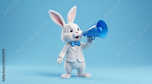 3d illustration of a cute white easter bunny character wearing a formal white suit and blue bow tie, holding a blue megaphone, isolated on blue background
