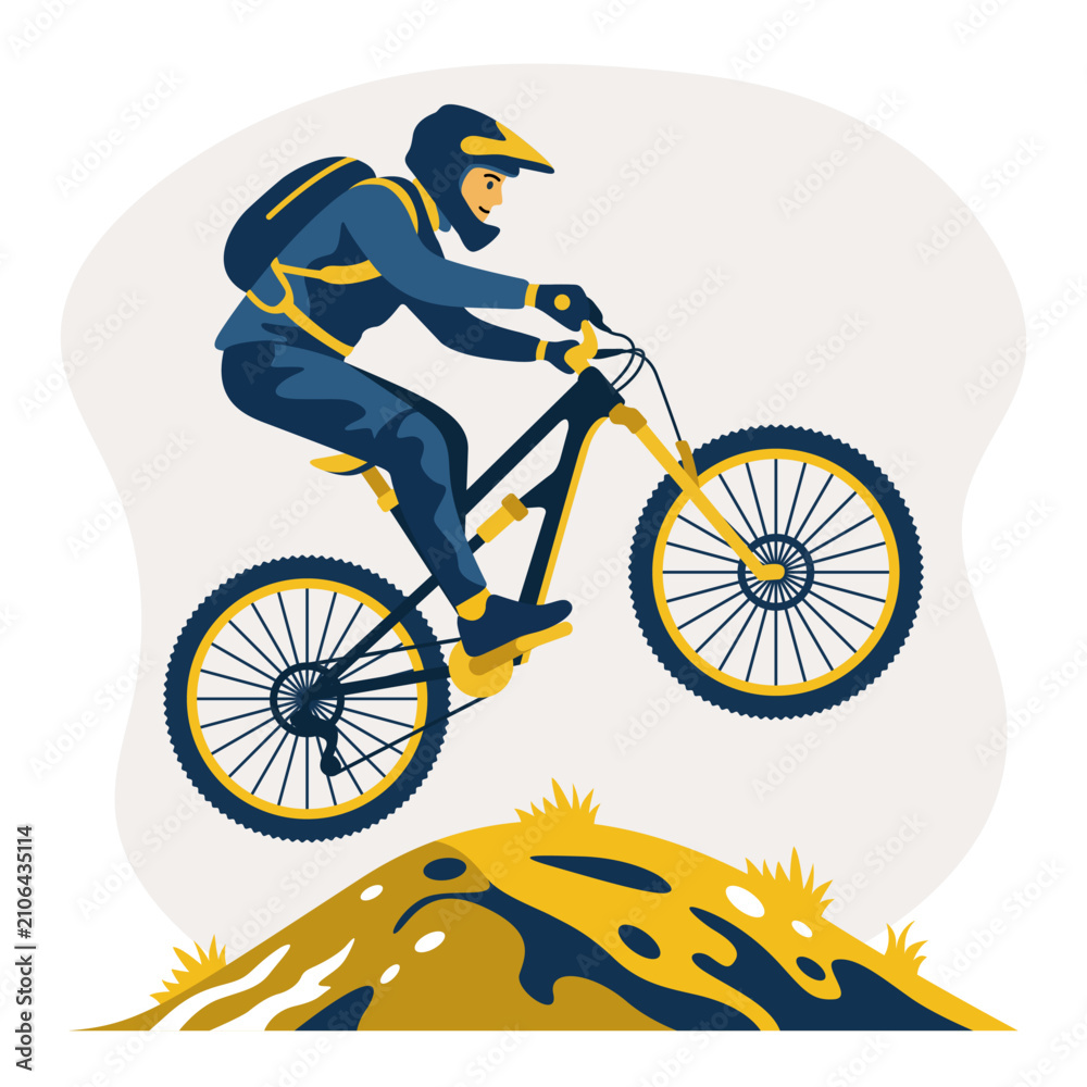 Fototapeta premium Mountain Biker Jumping on Offroad Trail Illustration