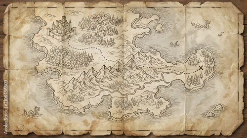 Hand drawn fantasy world map on ancient parchment paper background