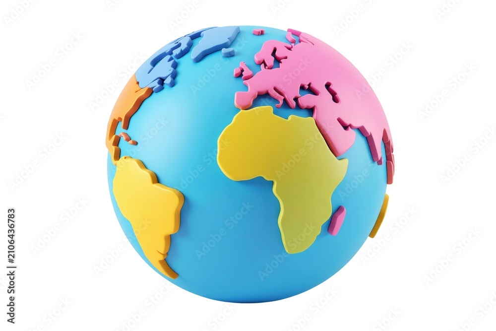 Naklejka premium colorful 3D globe showing continents in distinct pastel colors on bright blue spherical ocean surface