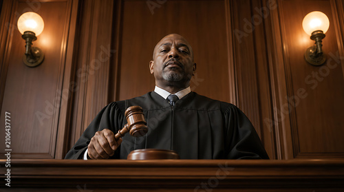 Judge presiding in a courtroom holds a wooden gavel while sitting behind a bench to deliver a final verdict during a formal legal proceeding in a traditional wood paneled chamber of justice.