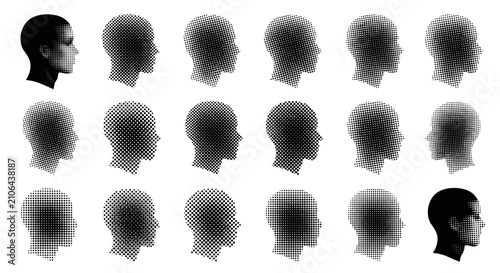 20 Human Head Silhouettes - Halftone Stipple Grunge Punk Y2K Graphics