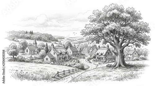A beautiful hand drawn ink sketch of a peaceful english village landscape with a large oak tree in the countryside