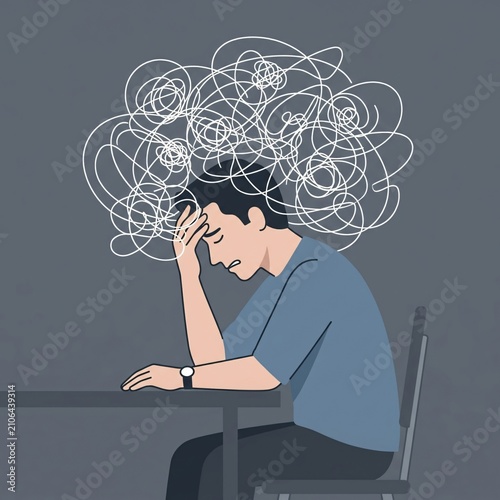 Plakat Stressed man sitting at table with mental clutter thoughts